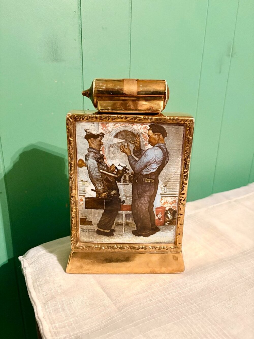 VTG Norman Rockwell "The Plumbers" Limited Edition Ceramic Decanter - Gold
